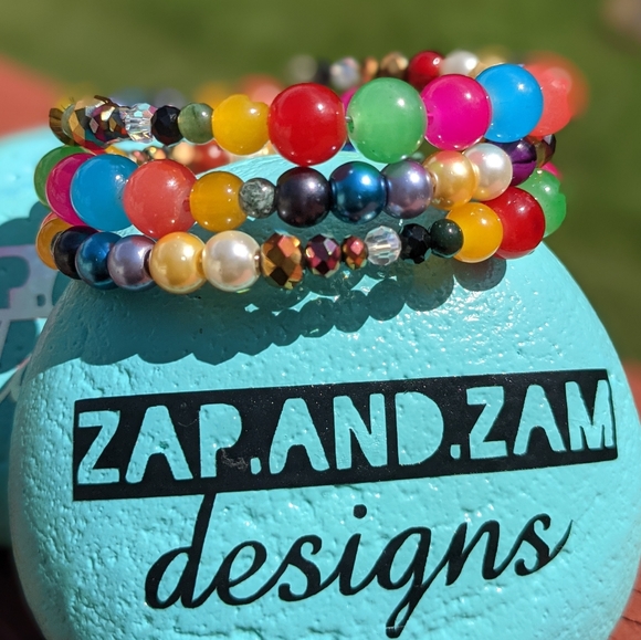 Jasper Beads Bracelet Colorful Rainbow Handmade Memory Wire Jewelry Bright Color - Picture 4 of 11